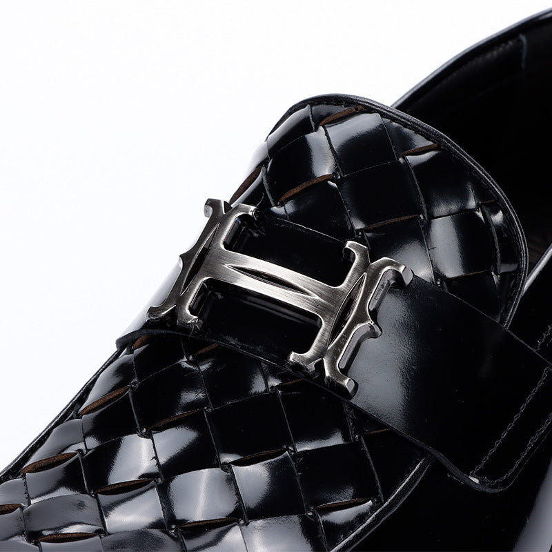 Men's Autumn Black Slit Beads Braided Business Leather Shoes