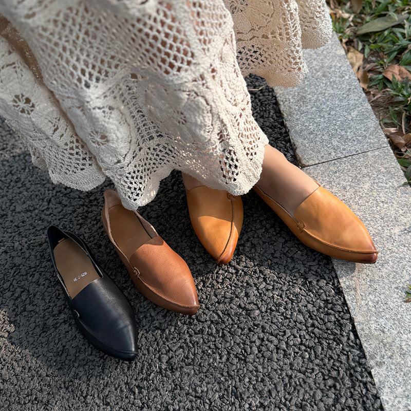 Women's Color First Layer Cowhide Pointed Toe Mid Mouth Low Top Women's Fashion Shoes