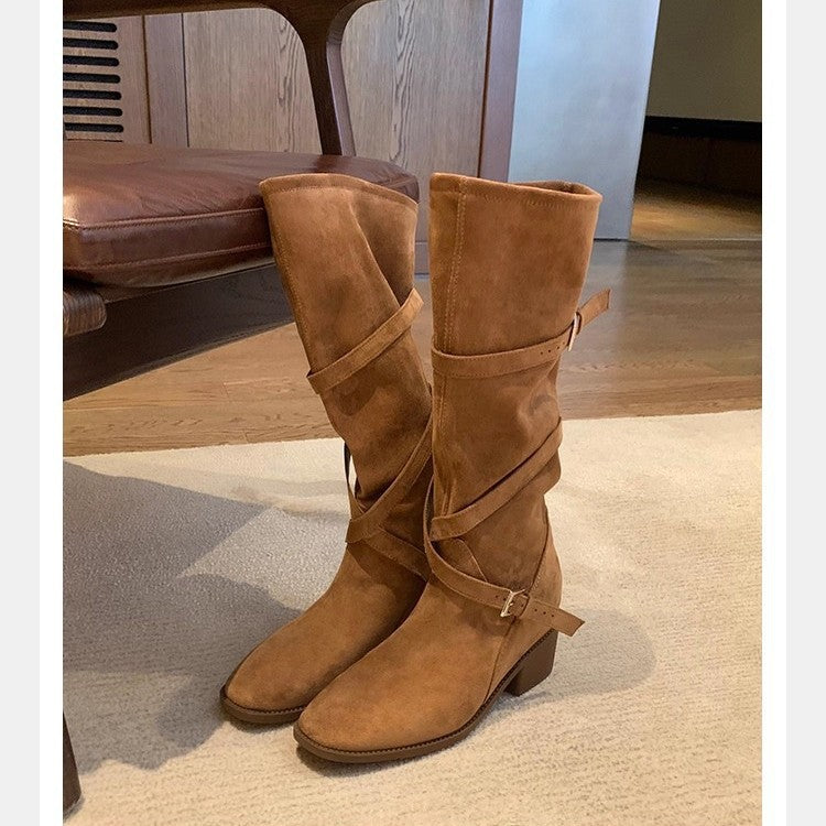 Mom Height Increasing Large Long Leg Tip Round Head Cross Women's Leather Boots