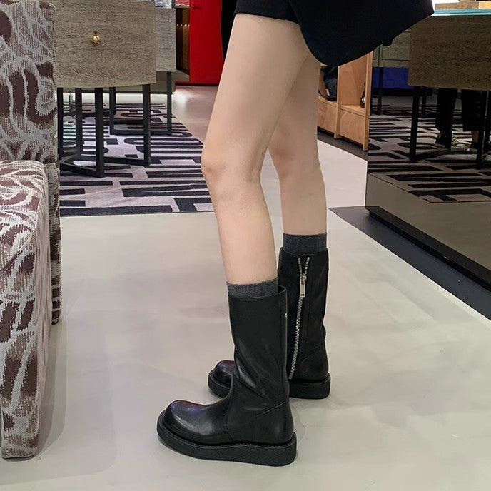 Second Hair Grape Mom Retro Round Toe Side Zipper Height Women's Leather Boots