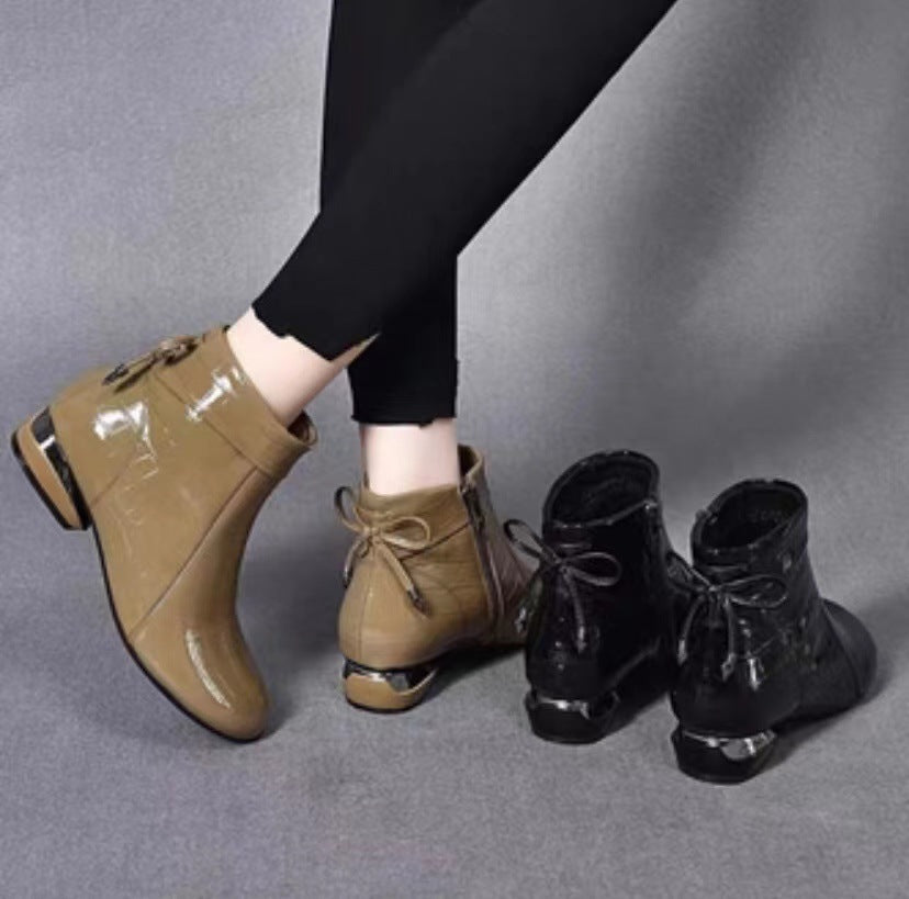 Women's Booties Authentic Low Chunky Round Toe Short Women's Leather Boots
