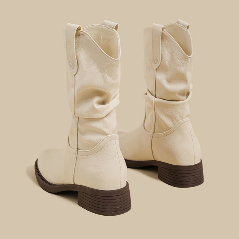 Women's Retro White Ankle Chunky Pleated Pile Style Hight Increasing Women's Leather Boots