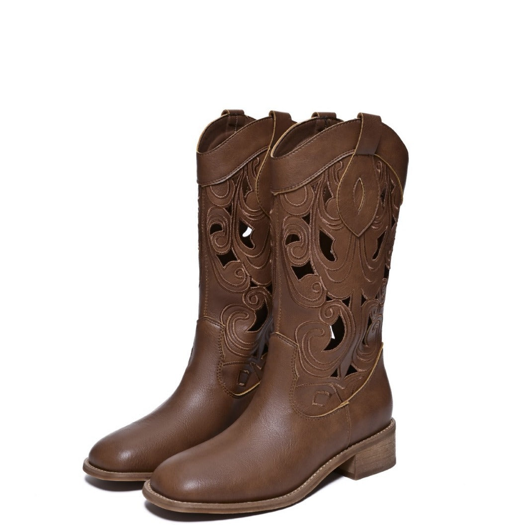 Miss Warren Summer Western Cowboy Round Head Low Women's Leather Boots