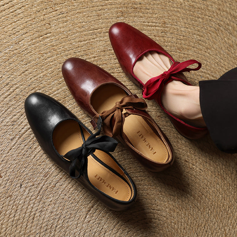 First Layer Cowhide Bow Retro Solid Color Women's Fashion Shoes