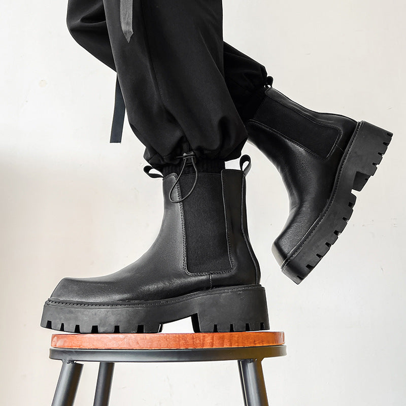 Men's Square Toe Chunky Platform Short Vintage Martin Boots