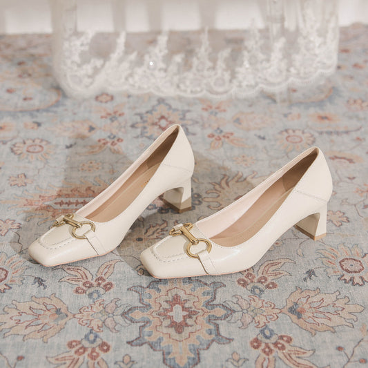 Women's Retro High Chunky Spring Horse Buckle Temperament Square Toe Pumps Women's Fashion Shoes