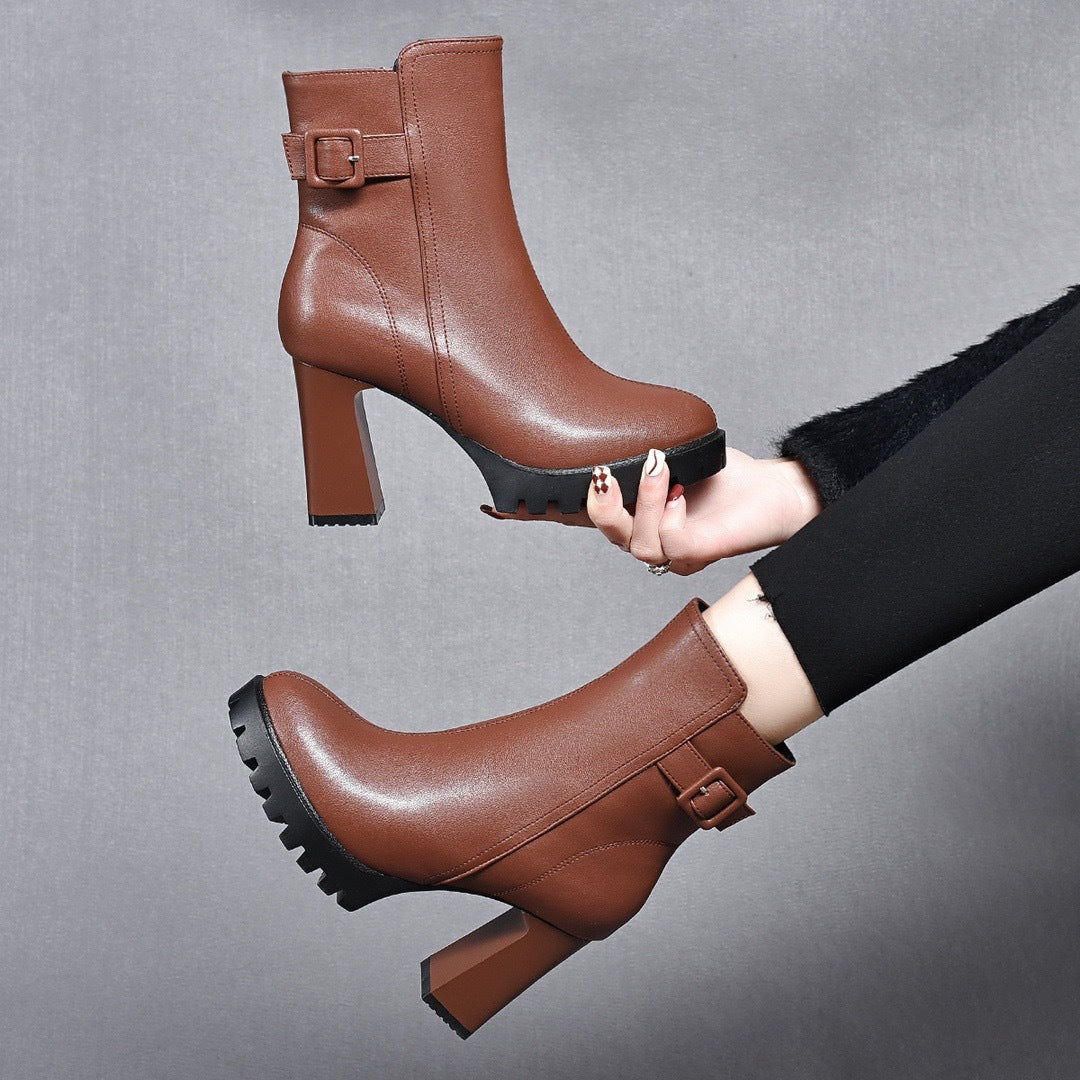 Women's Chunky High Short Winter Platform Genuine Wool Fleece Lined Women's Leather Boots