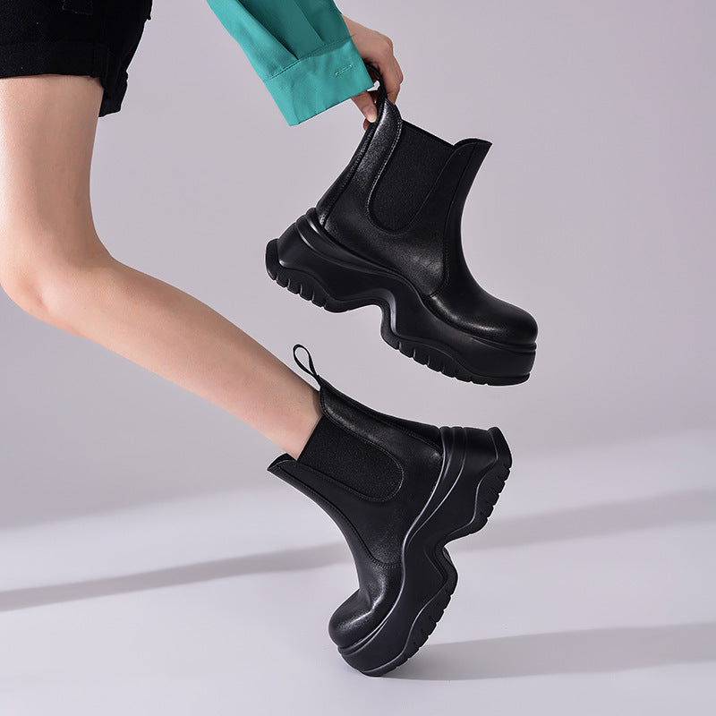 Women's To Wear Thick Bottom Chunky Smoke Pipe Short Women's Leather Boots