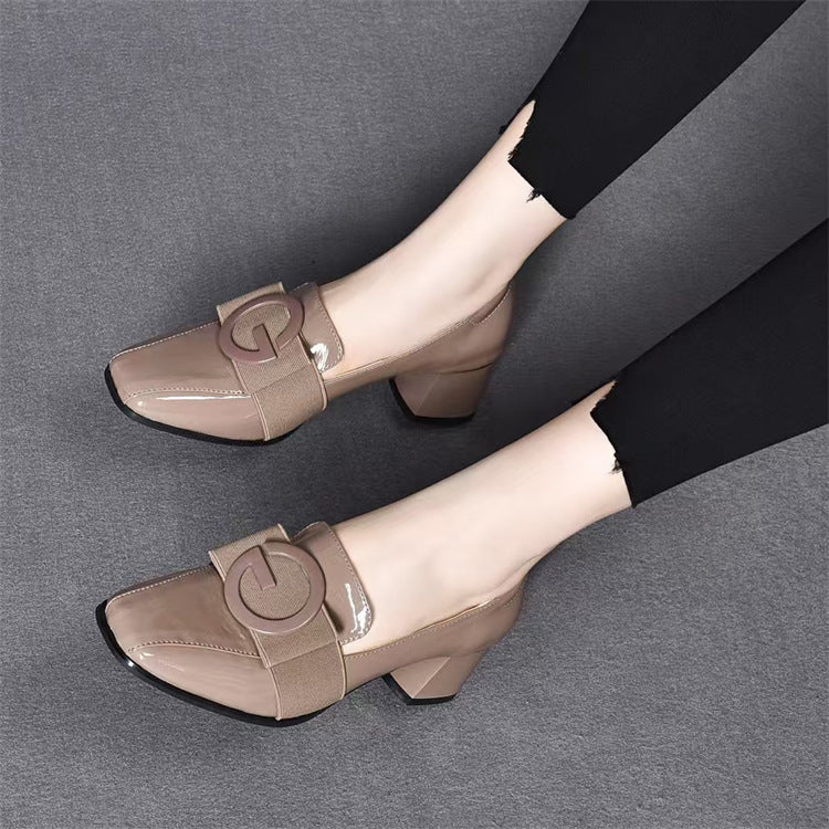 Women's Bottom Pumps Female Mid Chunky British Style Square Leather Shoes