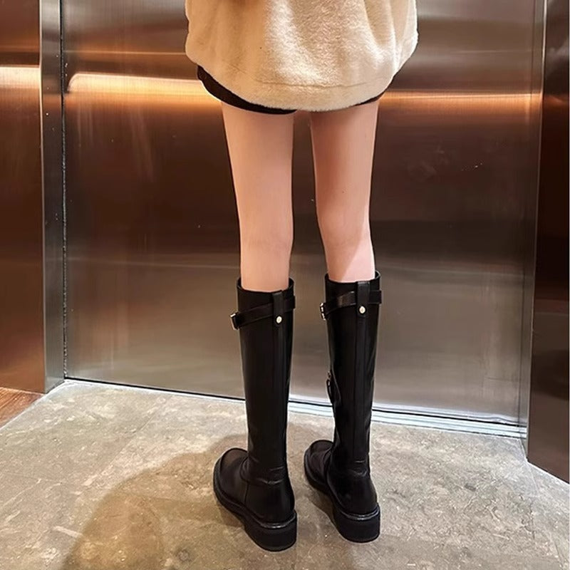 Women's Grape Long Thick Bottom Riding Large Size Pleated Women's Leather Boots