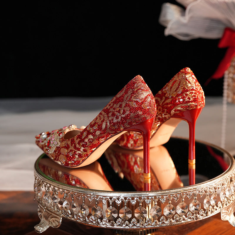 Stiletto Satin Golden Edge Wedding Bridesmaid Women's Fashion Shoes