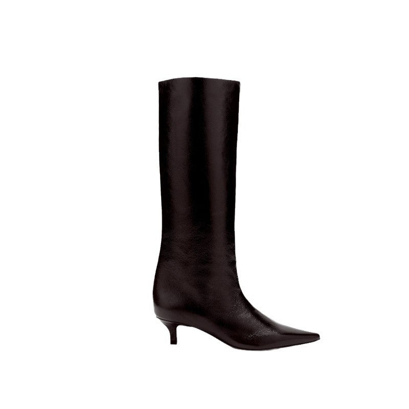 British Style Pointed Toe Below The Knee Large Women's Leather Boots