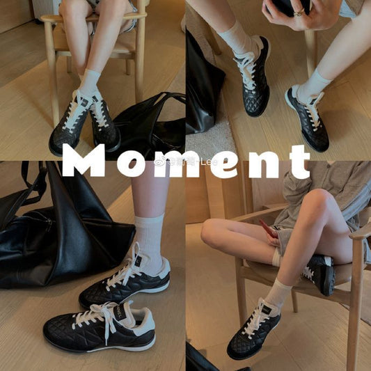 Women's Full Calf Skin Rhombus Sports Round Sneakers