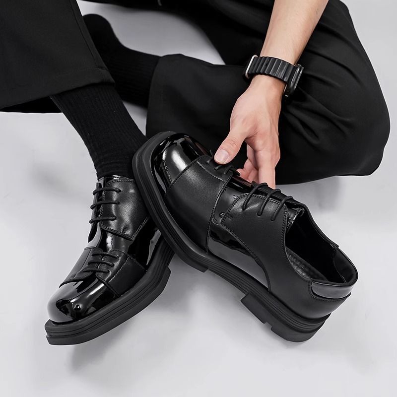 Men's Breathable Black Height Increasing Insole Square Toe Men's Business Leather Shoes