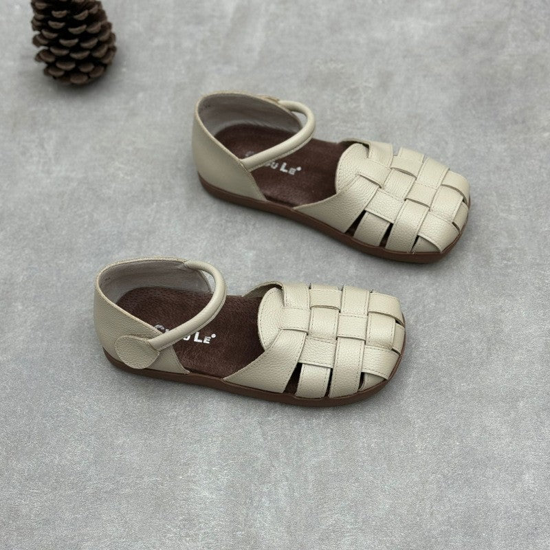 Women's Handmade Genuine Summer Woven Super Soft Bottom Surface Low Block Flat Sandals