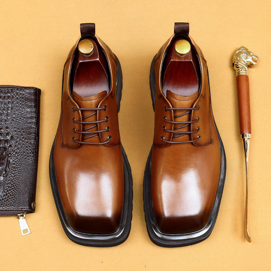 Men's Big Head Genuine Formal Business Square Toe Platform British Increased Men's Casual Leather Shoes