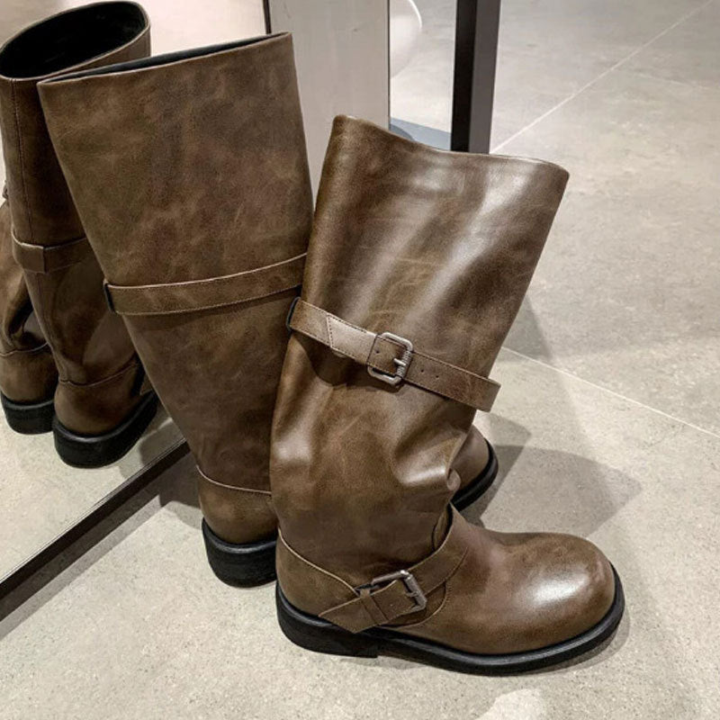 Women's Double Buckle For Round Toe Tube Western Long Female Boots