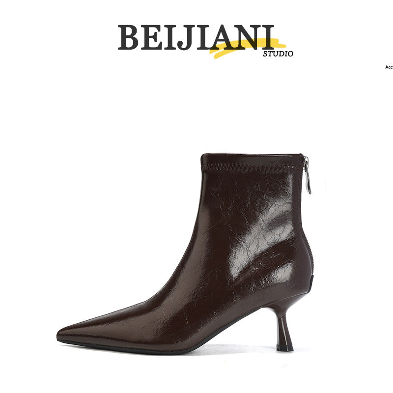 Women's Stiletto Pointed Ankle Back Zipper High-heeled Skinny Slimming Versatile Heels