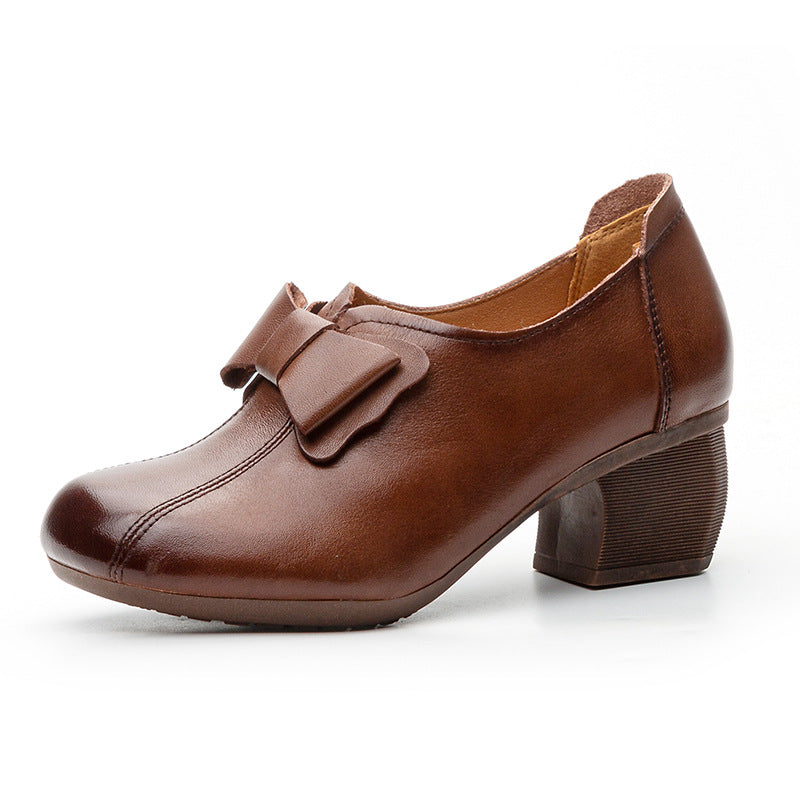 Women's Autumn Thick Soft Bottom Top Layer Cowhide Bow Casual Shoes