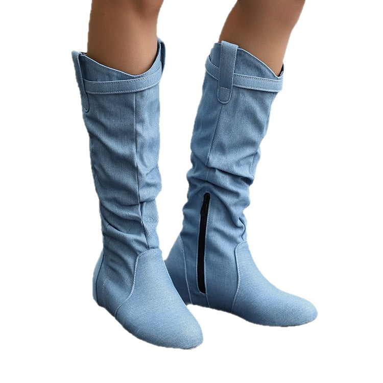 Women's Flat Solid Color Pleated Retro Boots