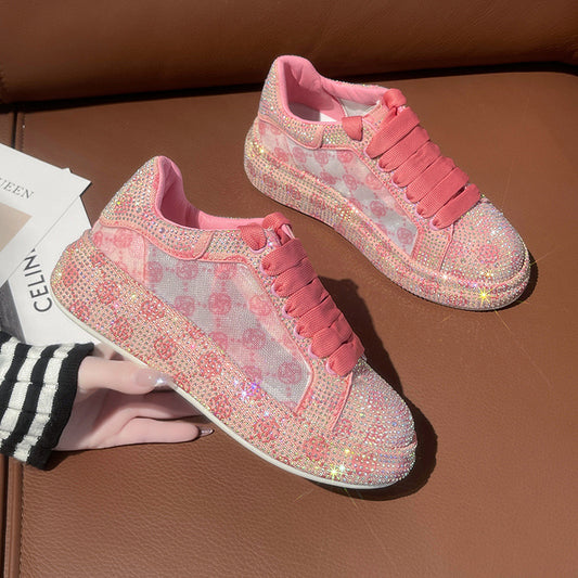 Women's Pink Full Diamond Pumps Muffin Platform Sneakers