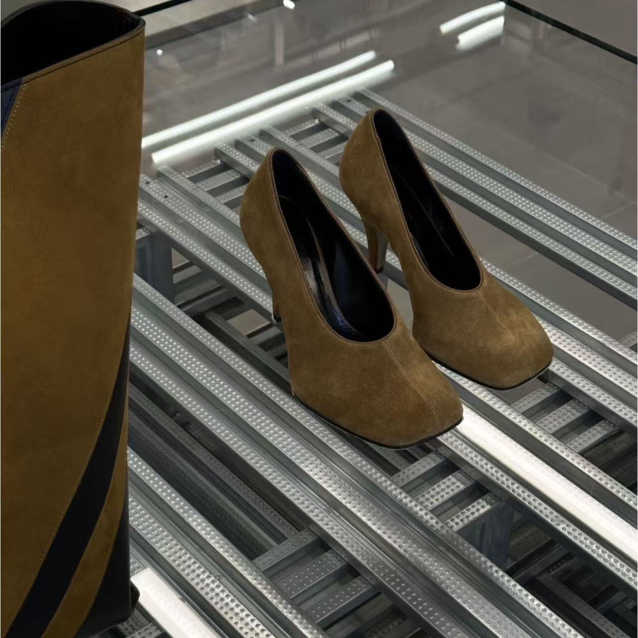 Women's Korean Niche Design Square Toe High Genuine Suede Leather Shoes