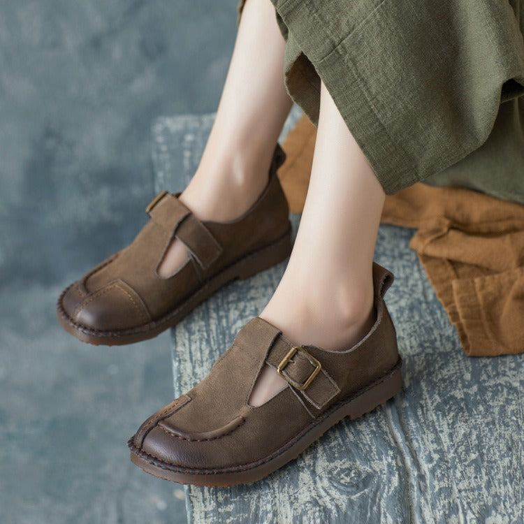Cowhide British Style Handmade Round Head Buckle Women's Casual Shoes