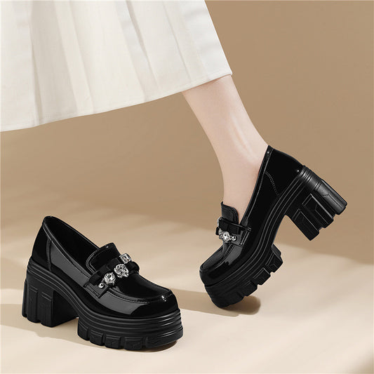 Women's Style Chunky Thick Bottom Early Spring Pumps Black Patent Heels