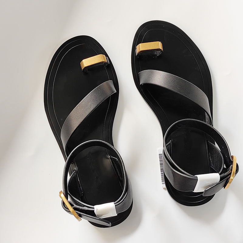 Women's Summer Top Layer Cowhide Toe Covering Metal Decorative Flip-flops Sandals