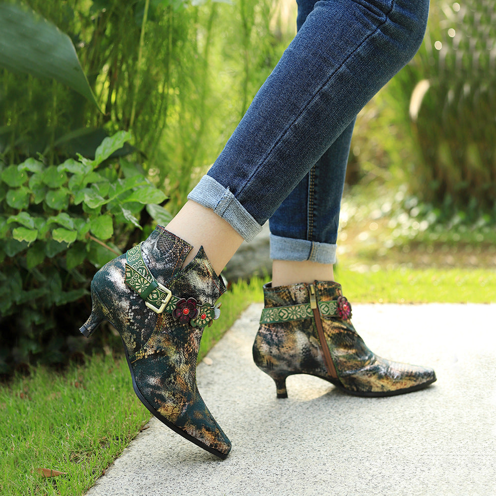 Women's Pattern Flower Beads Belt Buckle Low Boots
