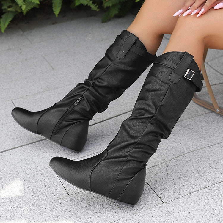 Women's Flat Solid Color Pleated Retro Boots