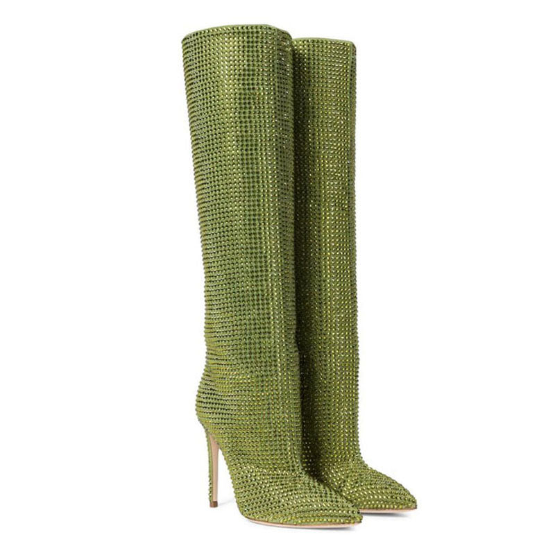 Women's Sky Rhinestone Pointed Toe Stiletto Knee-length Large Boots