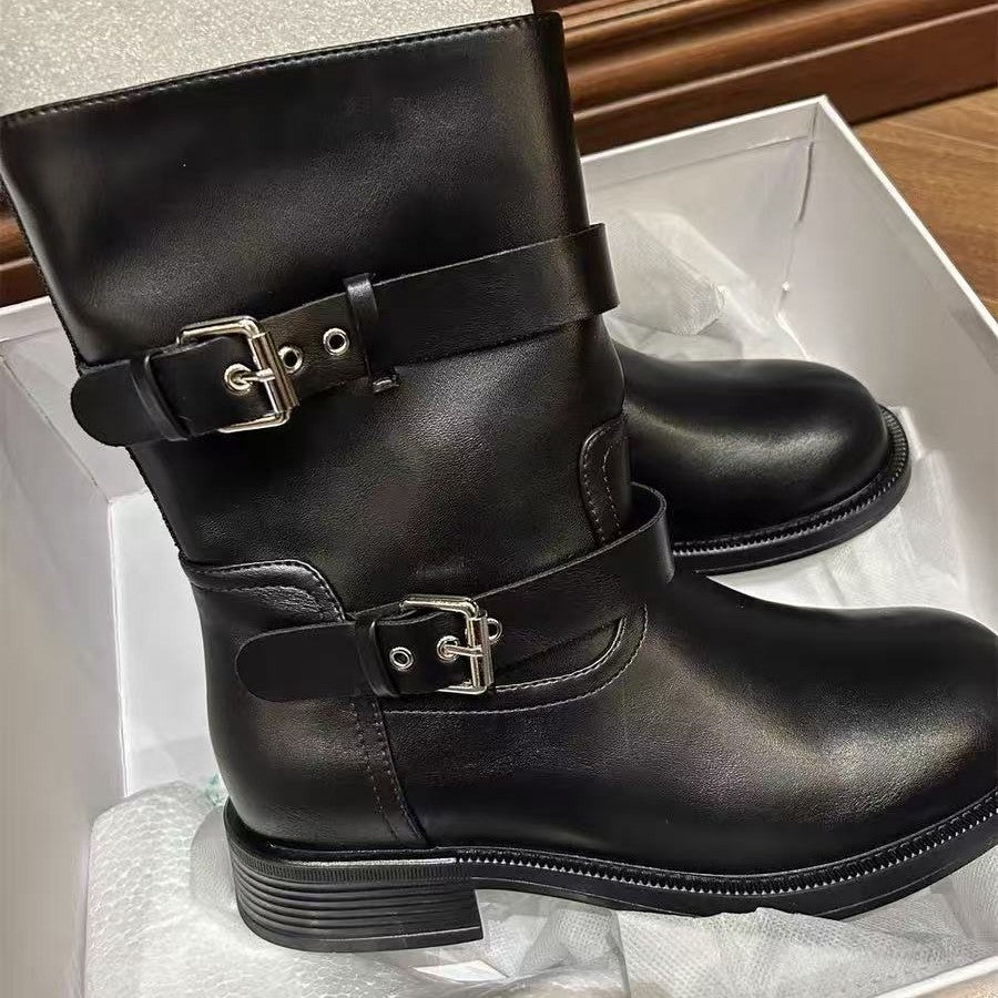 Women's Autumn Round Toe Square Belt Buckle Sleeve Simple Knight Women's Leather Boots