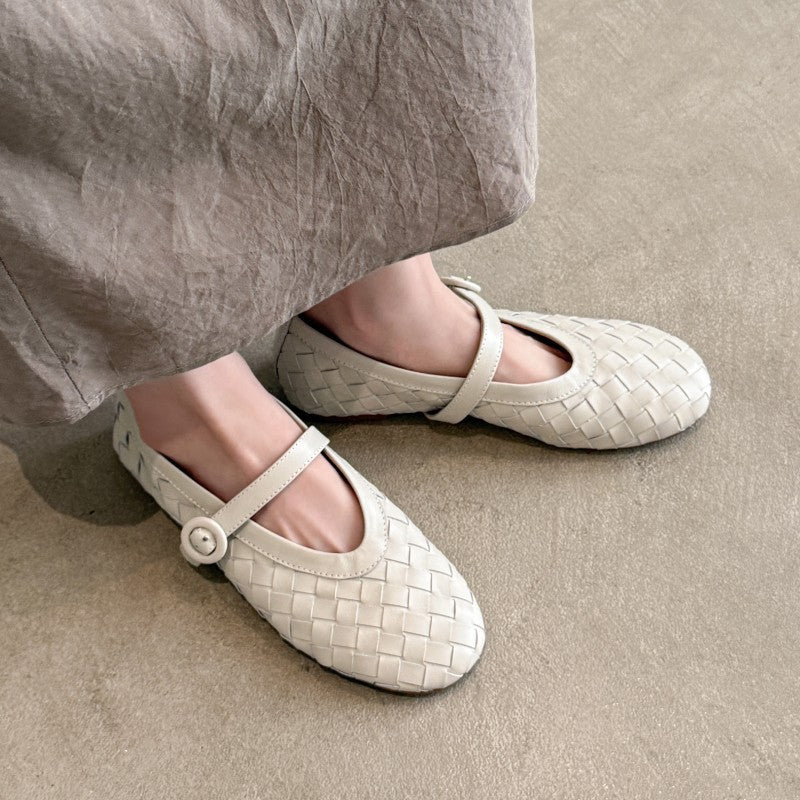 Head French Style Vintage Weave Strap Mary Jane Flat Women's Fashion Shoes
