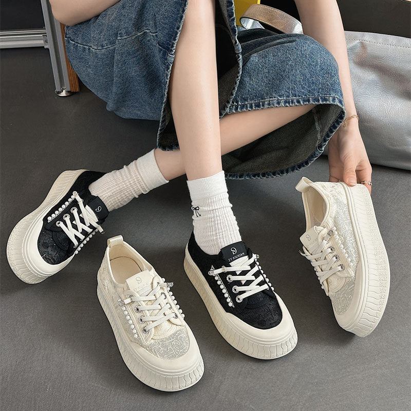 Women's Genuine Platform Pearl Biscuit White Fashionable Soft Women's Casual Shoes