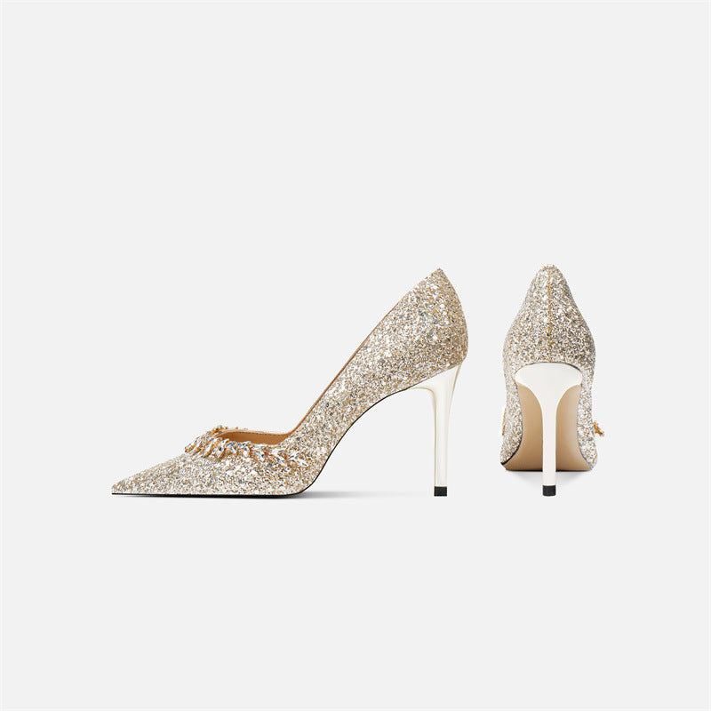 Yarn Bridal Banquet Temperament Sequined High Sheepskin Pointed Toe Design Heels