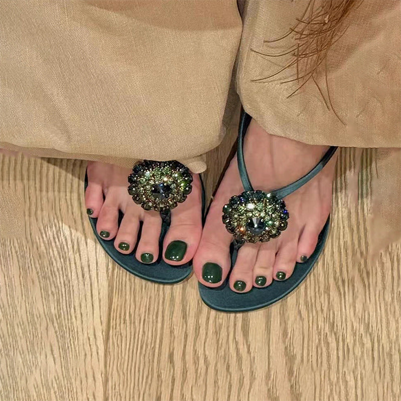 Women's Rhinestone Flower Retro Stylish Flip-flops High Heeled Sandals