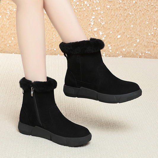 Women's Cattlehide Fashion Bootie Winter Fleece-lined Thickened Wool Women's Shoes