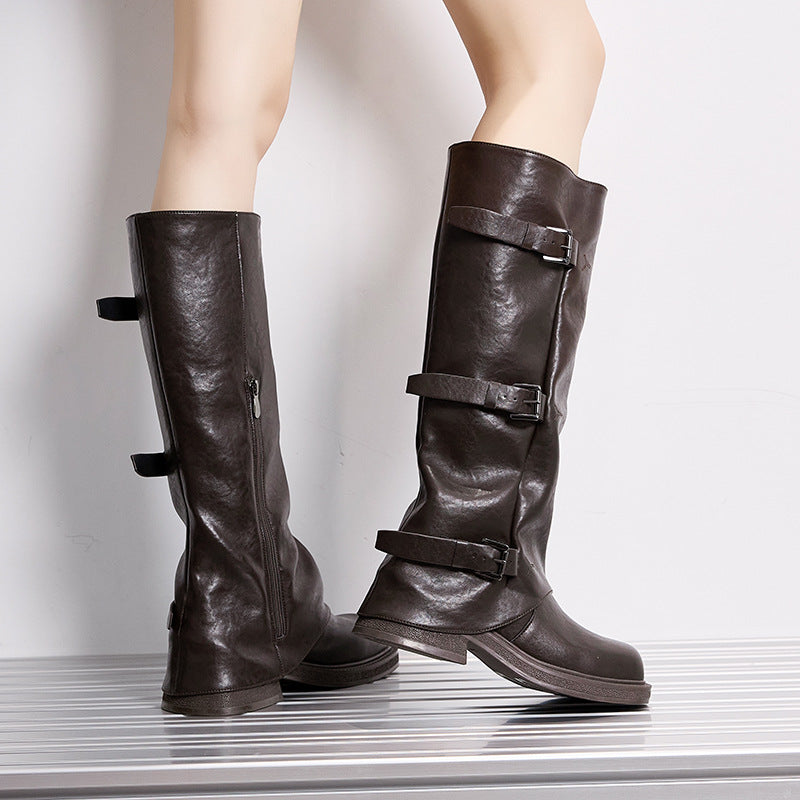 Women's Knight Design Smoke Pipe Pleated Long Pile Boots