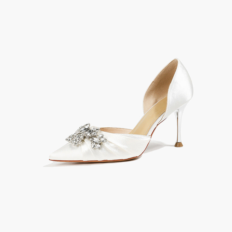 Women's Pointed Toe Shallow Mouth White Niche Wedding Rhinestone Satin Hollow High Heeled Sandals
