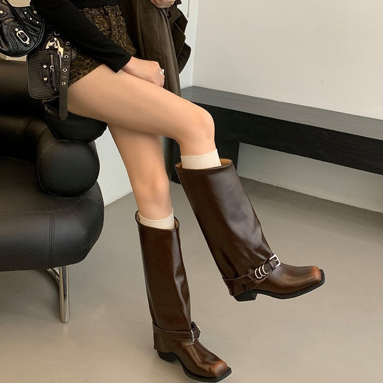 Retro Brushed Martin Female Square Toe Distressed Metal Women's Leather Boots