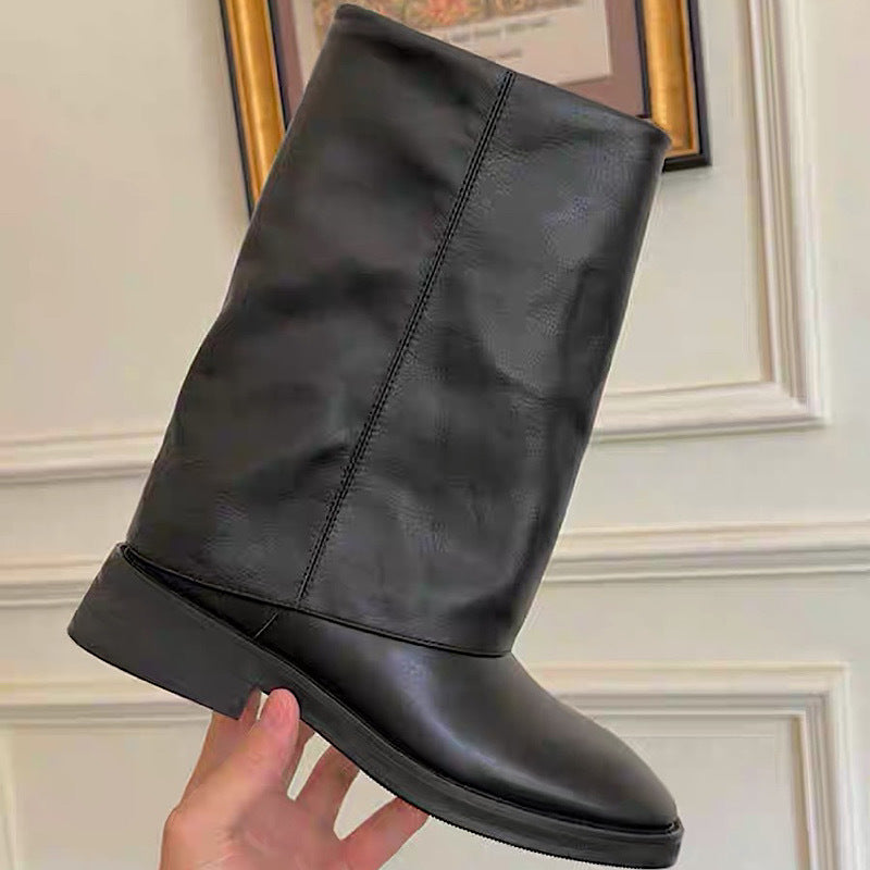 Women's Martin Ankle One Stirrup Trousers Tube Female Thick Flat Cowhide Heels