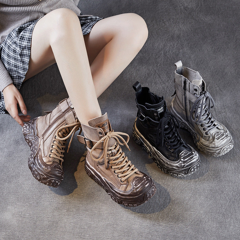 Women's First Layer Cowhide Platform Short Height Increasing Boots