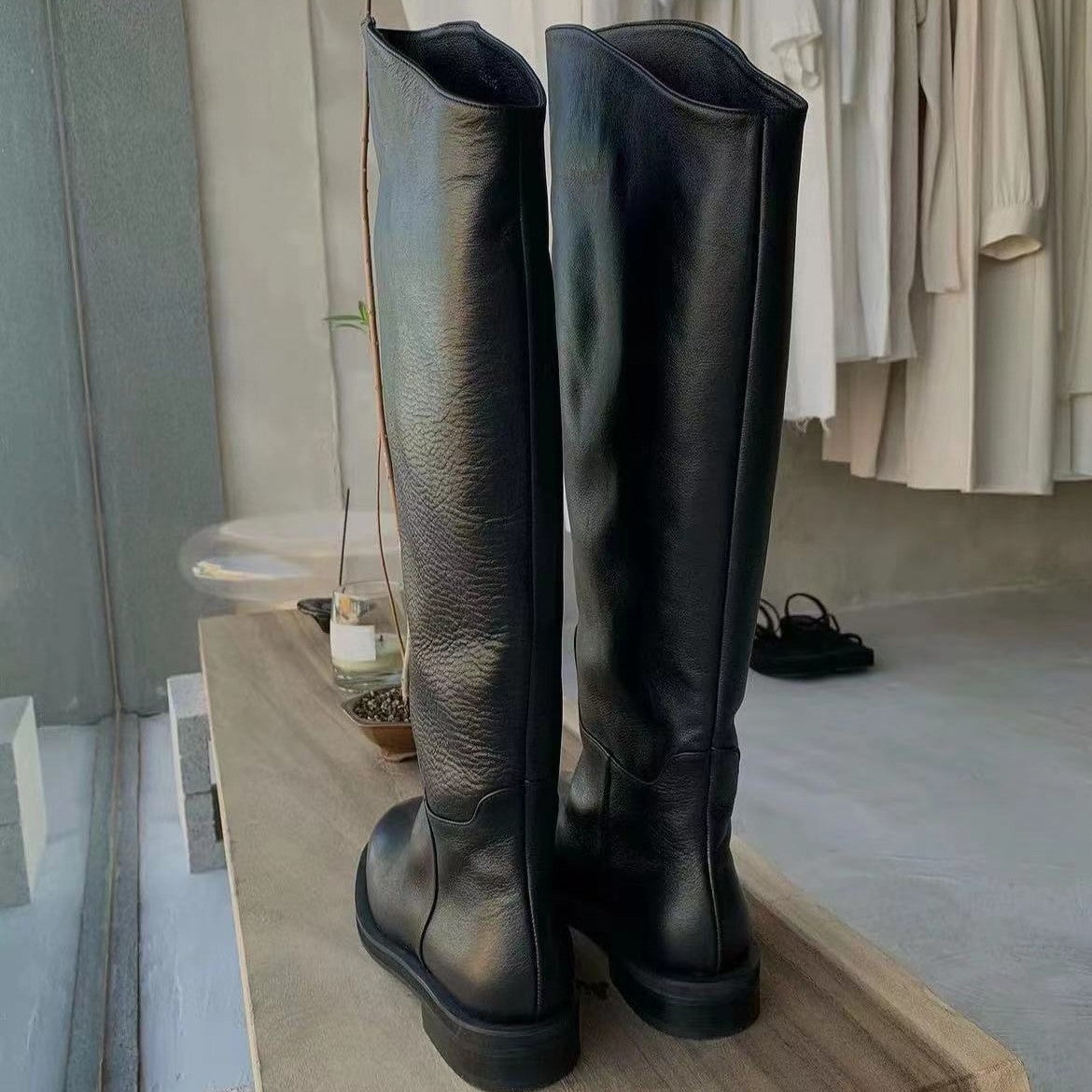 Women's Cowhide Version Korean Style Slimming Big Tube Circumference Tall Knight Women's Leather Boots