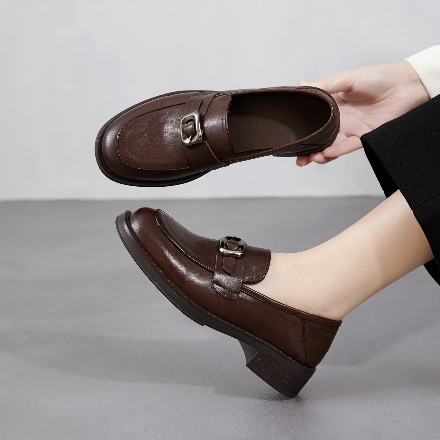 Women's Black Mid Spring Pumps Round Toe Belt Buckle Loafers