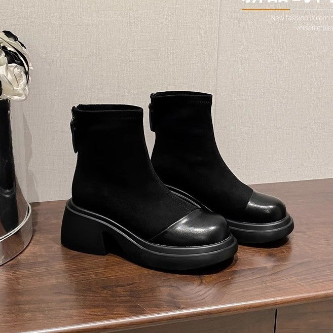Small Size Female Chunky Suede Stitching Short Martin Increased Women's Leather Boots