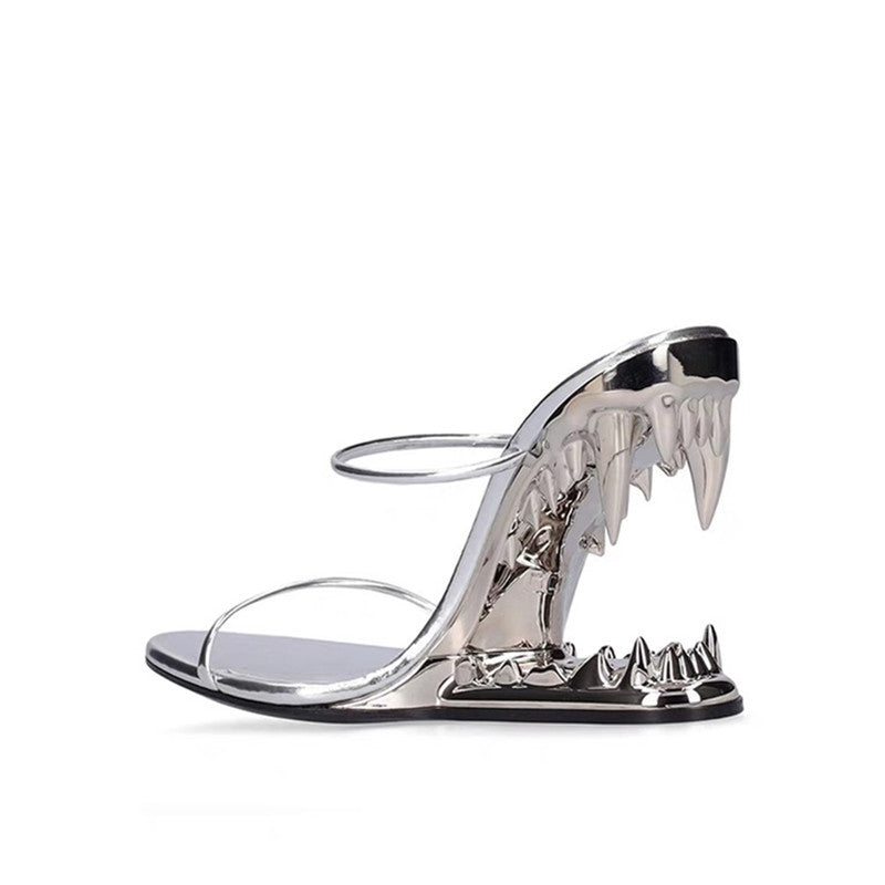 Metal Giant Tooth Tiger Abnormal Shape Open Toe Heels