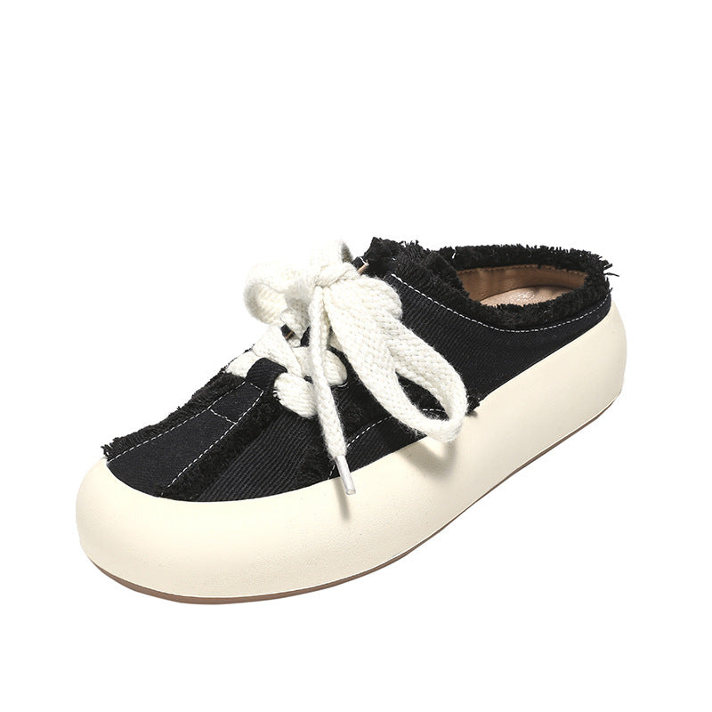 Women's Summer Round Tip Pump Frayed Half Slippers