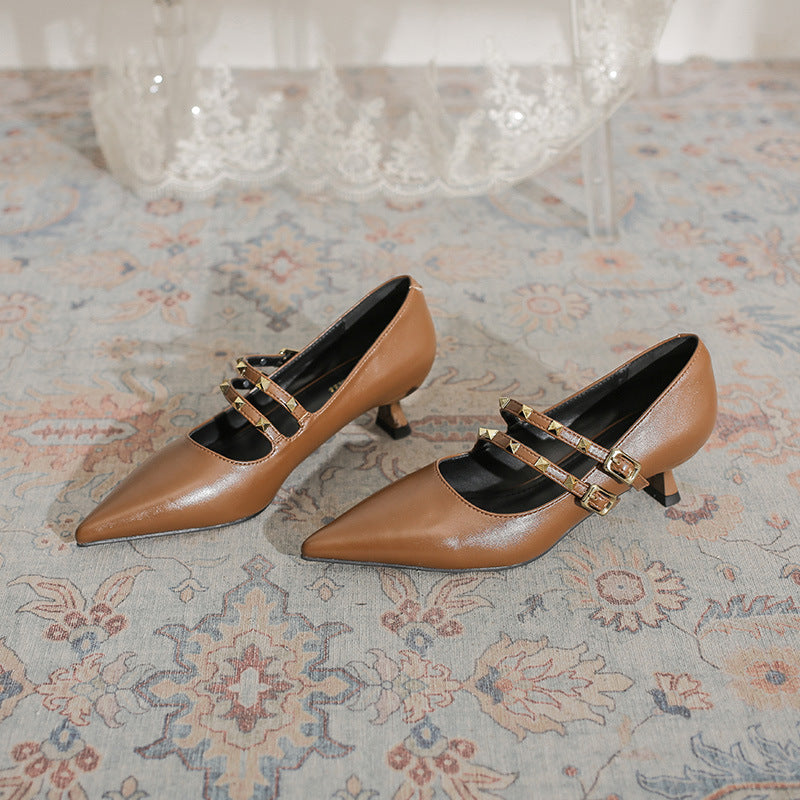 Women's Goddess Style Pumps Early Spring Fashionable Rivet Low-cut Stiletto Pointed Heels