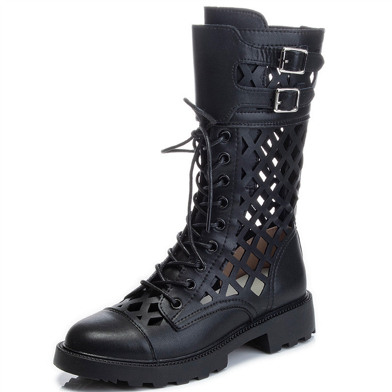 Women's Summer Versatile Mid Black Mesh Middle Hollow Heels